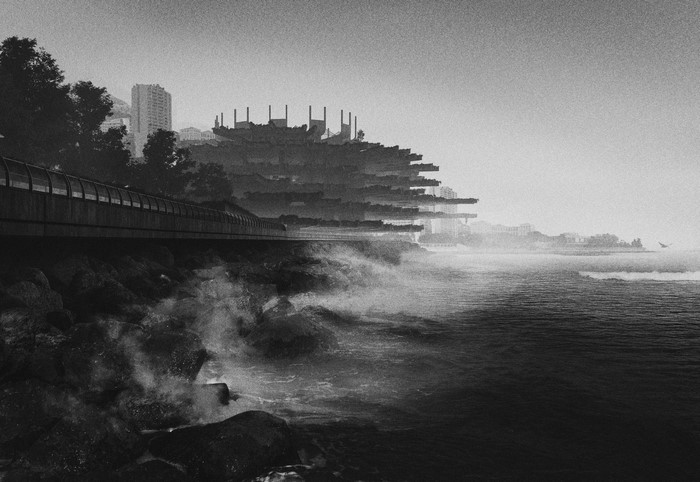 Modern architecture on a rocky coastline with crashing waves