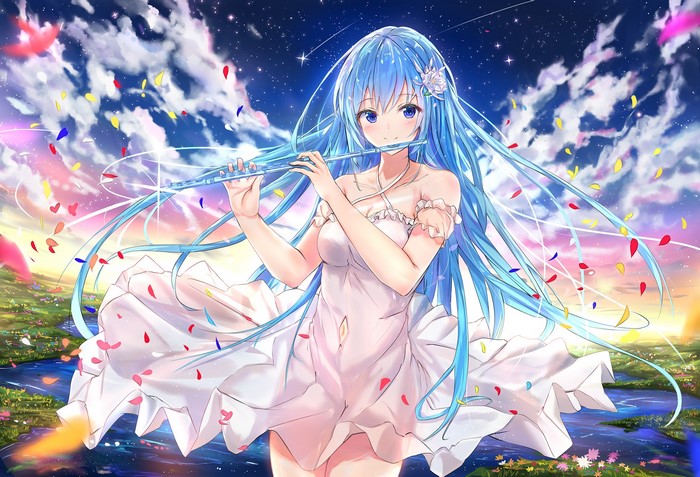 Anime girl with blue hair playing flute in a starry sky
