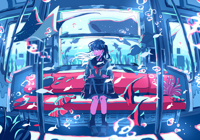 Anime girl in school uniform on a surreal underwater train