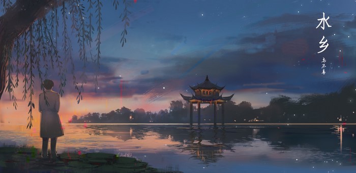 Anime couple by the lake at sunset with pavilion