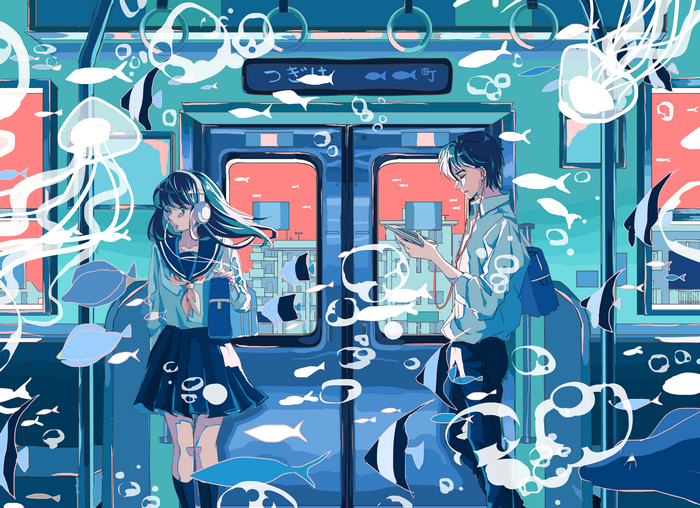 Anime train with fish and jellyfish