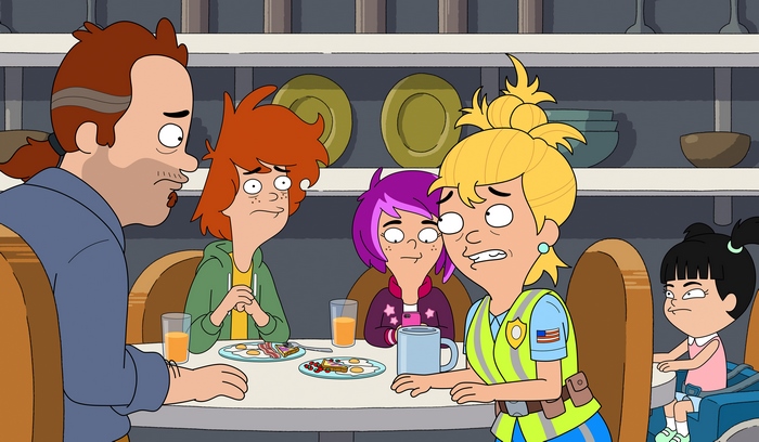 Duncanville: Annie, Jack, Kimberly, Jing, and Duncan Harris at breakfast