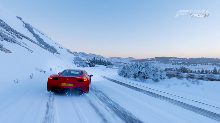 Red Ferrari 458 Drifting on Snowy Road in Forza Horizon 4