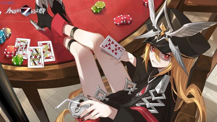 Anime girl with blonde hair and red eyes playing cards