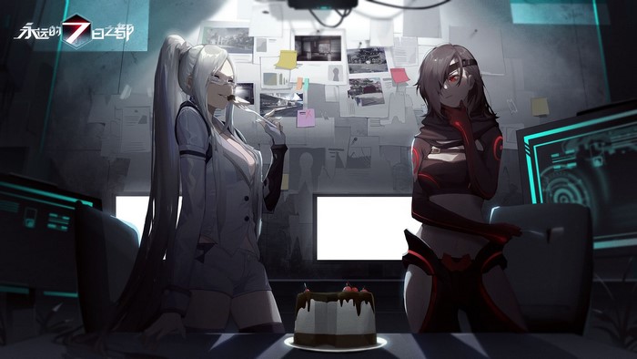Anime girls in office with cake and computers