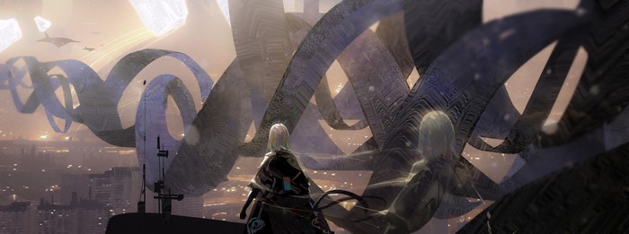 Anime characters in a futuristic city with DNA structures