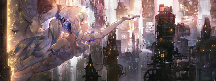 Anime girl with blonde hair in a steampunk city