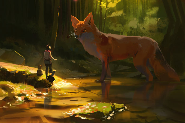 A giant fox encounters a girl and two small creatures in a forest pond