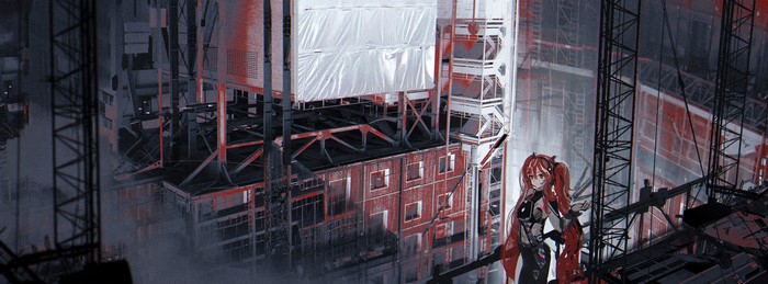 Anime girl with red hair in a dystopian city