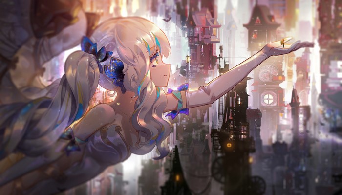 Anime girl with blonde hair holding a tiny person