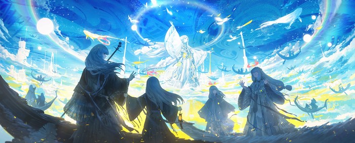 Anime girls in boats under a rainbow sky with whales