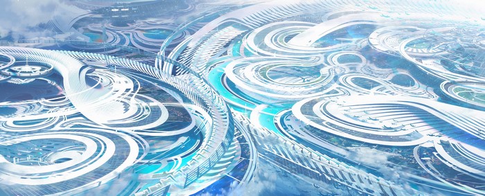 Futuristic city with flying vehicles and intricate architecture