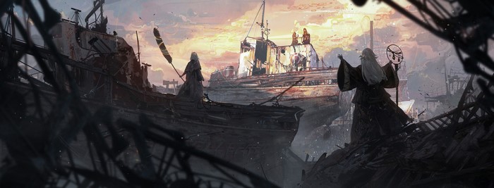 Anime characters in a ship graveyard