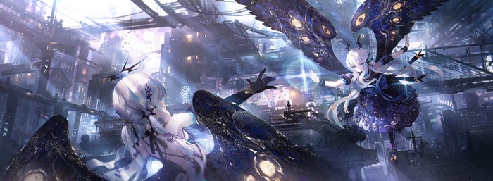 Two girls with wings in a futuristic city