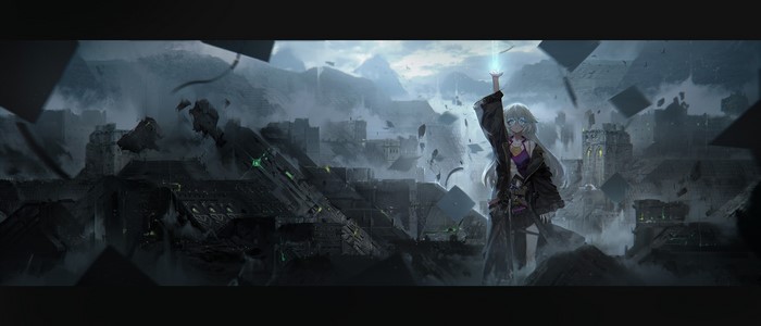 Anime girl with magic staff in ruined city