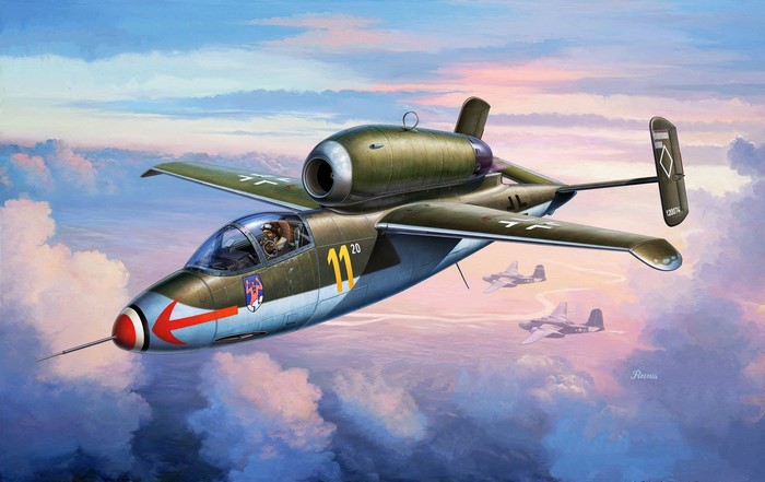 Heinkel He 162A Spatz military aircraft in flight