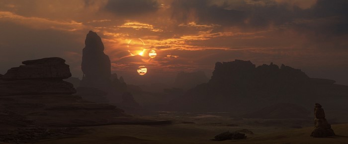 Tatooine landscape with twin suns setting