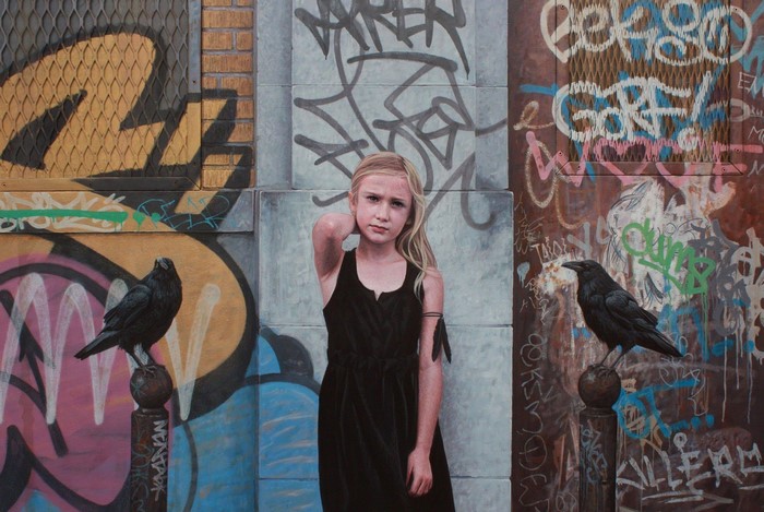 Girl with Crows in front of Graffiti Wall by Kevin Peterson