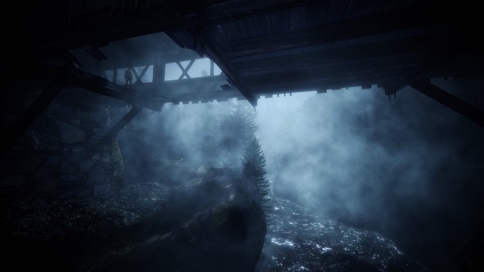 Alan Wake on a broken bridge at night