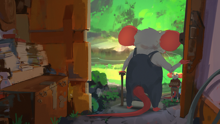 Mice in overalls opening a door to a green landscape