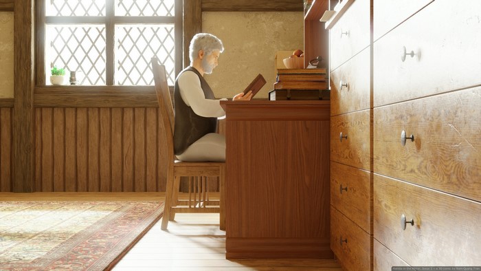 Matilda in the Mirror, old man reading at desk