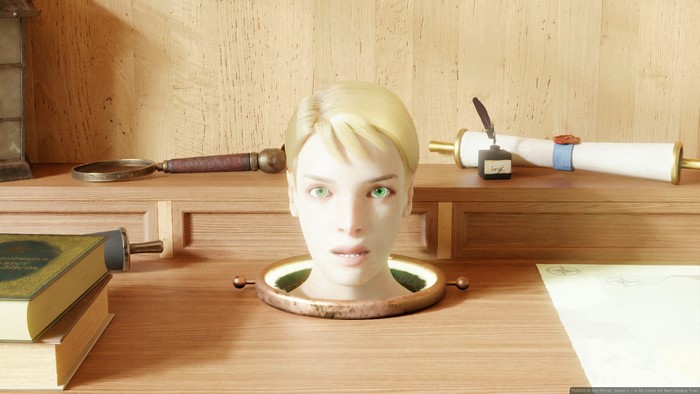 Matilda in the Mirror, head, scrolls, books