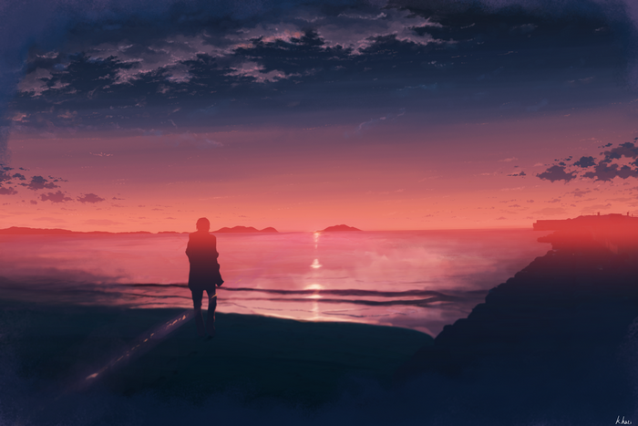 Anime landscape with a person watching the sunset over the ocean