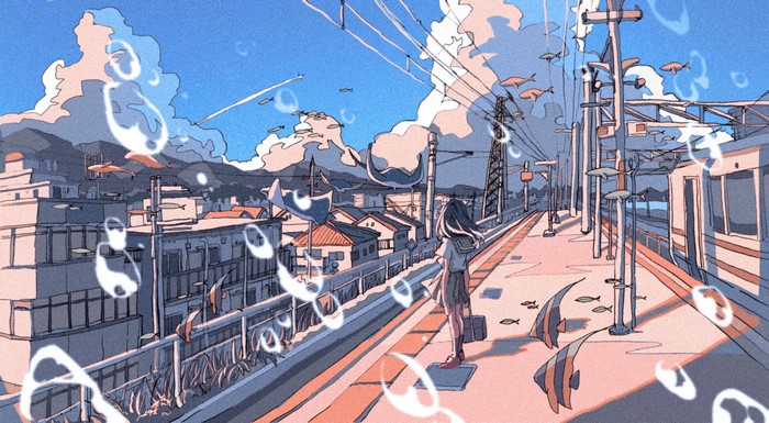 Anime girl at train station with fish and bubbles