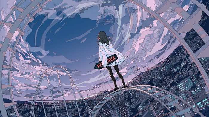 Anime girl with skateboard on roller coaster overlooking cityscape
