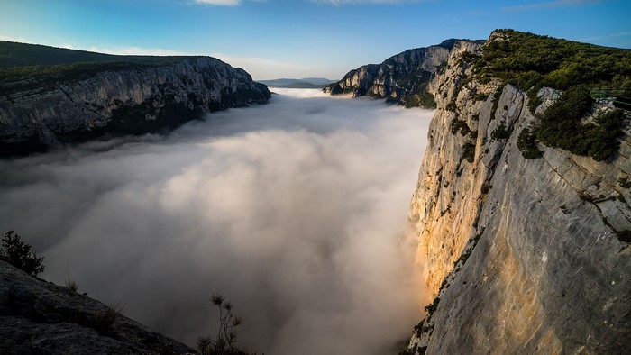 Verdon Gorge with mist and mountains in France
