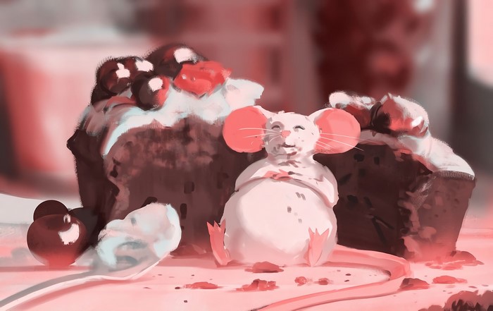 A mouse sits by a chocolate cake with cherries