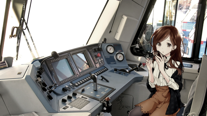 Anime girl in a train driver's cabin holding glasses