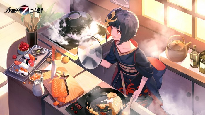 Anime girl cooking sushi and salmon in a kitchen