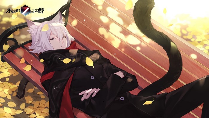 Anime character with cat ears and tail on a bench