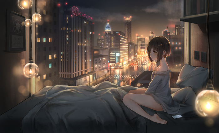 Anime girl in bed overlooking city lights at night