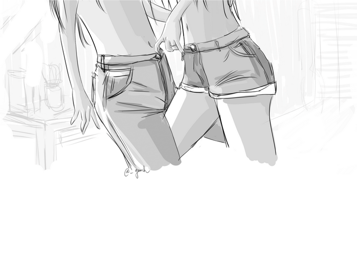 Two anime girls in shorts