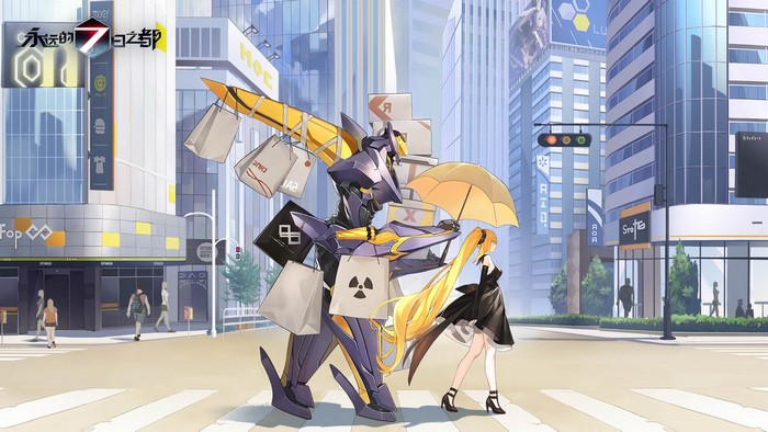 Anime girl and robot with shopping bags in city