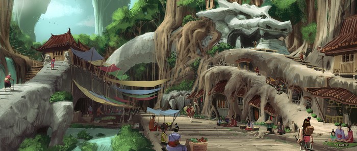 Fantasy Village Built Around a Dragon Sculpture