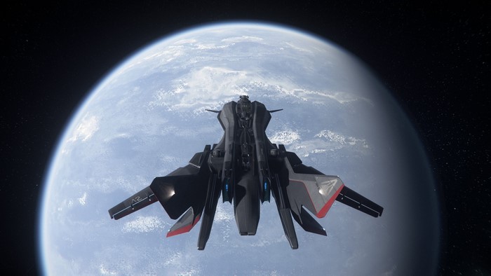 Star Citizen Retaliator spaceship near planet