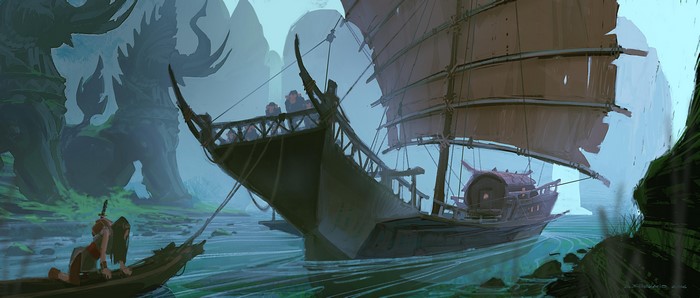 Raya and the Last Dragon: Ship in a mystical landscape