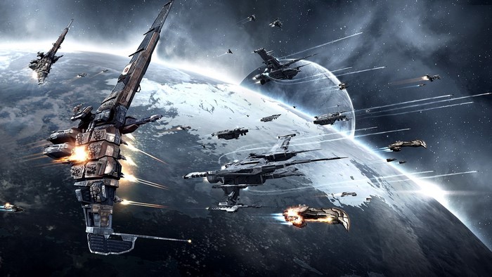 Space battle in EVE Online with large ships and planets