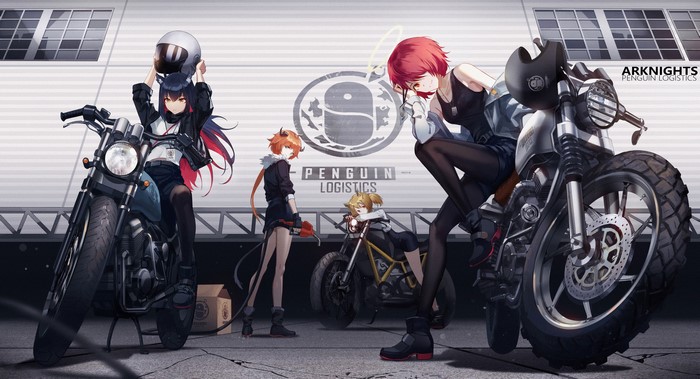 4K Arknights Texas, Sora, Exusiai, and Croissant with motorcycles