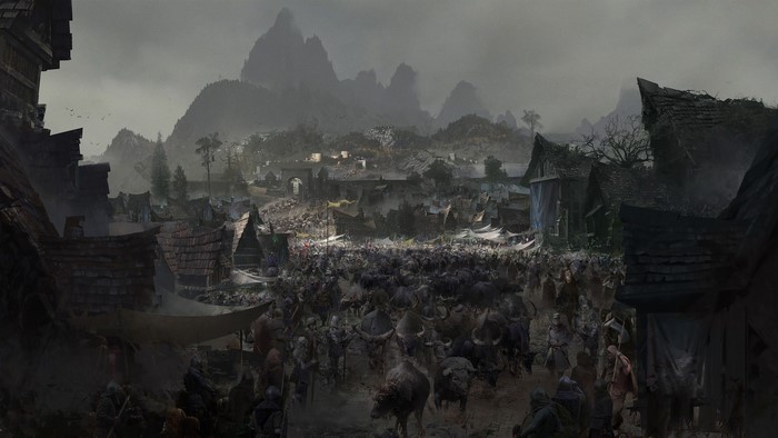 Medieval village market with buffalo and people