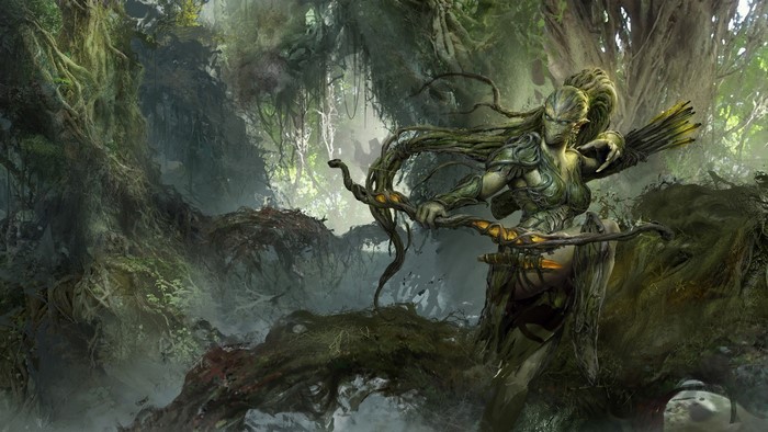 Fantasy archer with bow in a jungle