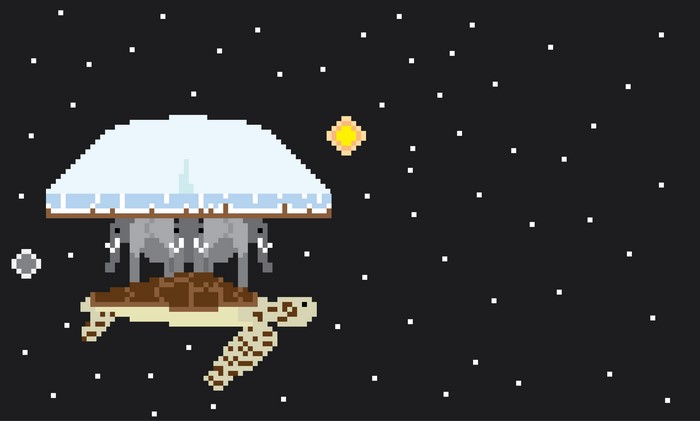 Pixel art of a turtle carrying elephants in space