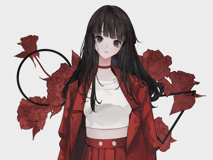 Anime girl with black hair and red outfit