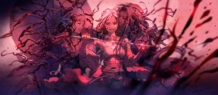 Anime girls with swords and umbrella