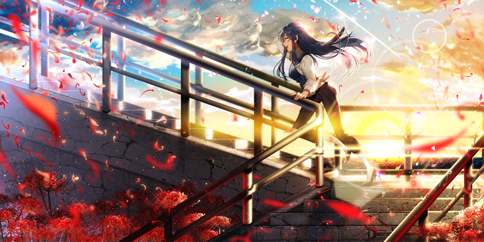 Anime girl on stairs during sunset with falling petals