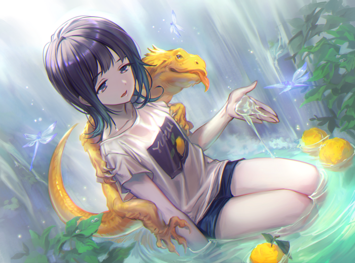 Anime girl with a dragon-like creature in water