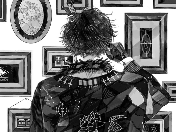 Anime boy with crown looking at framed art